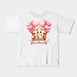 Valentine Giraffe Couple Sitting Sofa Kids T-Shirt